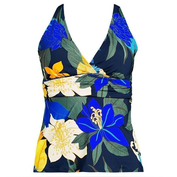 Lands' End plunge multi floral X back tankini top navy floral navy White Med DD - Picture 4 of 8